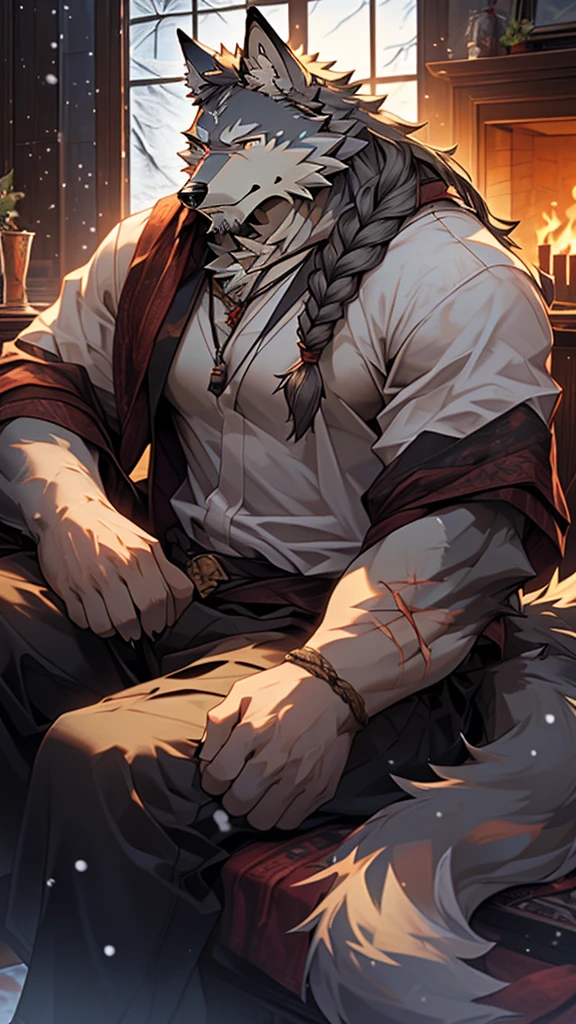 (masterpiece), (photorealistic:1.4), (1boy), (detailed face:1.2), (wolf male:1.5), (old:1.9), (aged), (retired general),(muscular build), (gray fur:1.3), (long white beard), (long white braided hair), (loose shirt), (sitting), (resting), (calm expression), (peaceful eyes), (many scars), (scar on face), (scar on body), (indoors), (cold northern region), (room), (fireplace), (fire), (window), (snow outside), (winter), (night), (dim lighting), (cinematic lighting)