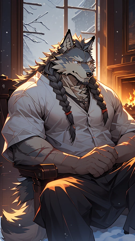 (masterpiece), (photorealistic:1.4), (1boy), (detailed face:1.2), (wolf male:1.5), (old:1.9), (aged), (retired general),(muscular build), (gray fur:1.3), (long white beard), (long white braided hair), (loose shirt), (sitting), (resting), (calm expression), (peaceful eyes), (many scars), (scar on face), (scar on body), (indoors), (cold northern region), (room), (fireplace), (fire), (window), (snow outside), (winter), (night), (dim lighting), (cinematic lighting)