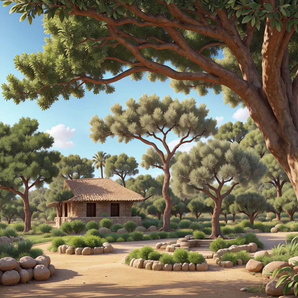 Create an open Bible image that has an Olive Tree planted in the middle of it with the roots intertwined and the pages deep, where a source of water comes from the roots of the Olive Tree, your trunk is too big, its leaves are very green and many swallows come out of them and fly to the north.