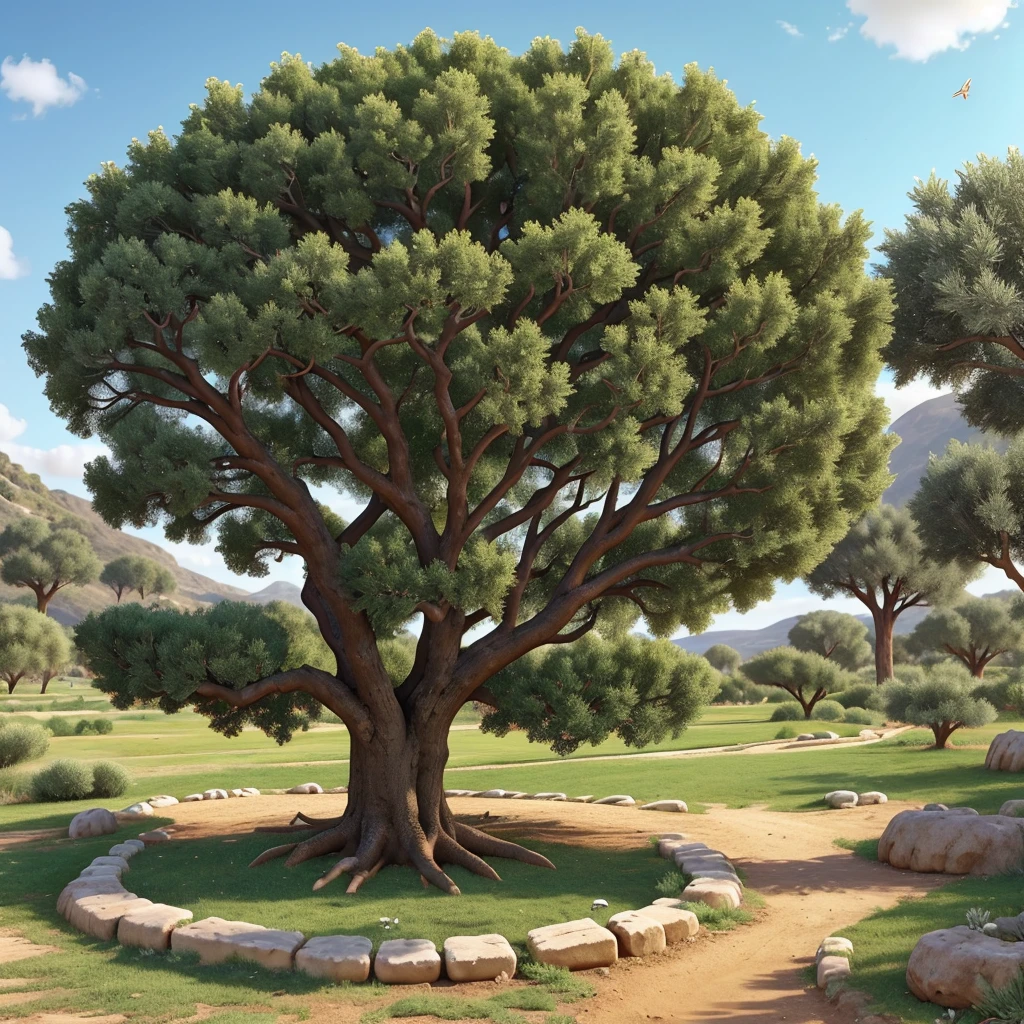 Create an open Bible image that has an Olive Tree planted in the middle of it with the roots intertwined and the pages deep, where a source of water comes from the roots of the Olive Tree, your trunk is too big, its leaves are very green and many swallows come out of them and fly to the north.