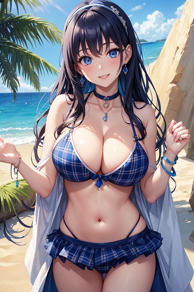 Highest quality、Highest quality、masterpiece、Beauty(Age 25)、(8K),Navy blue long hair、blue eyes、Sexy plaid bikini、Big cleavage、(Big Breasts),smile、blue necklace、Blue Earrings、background(Beach)、Please open your mouth wide、White headband、bracelet、Dynamic pose、Blue choker