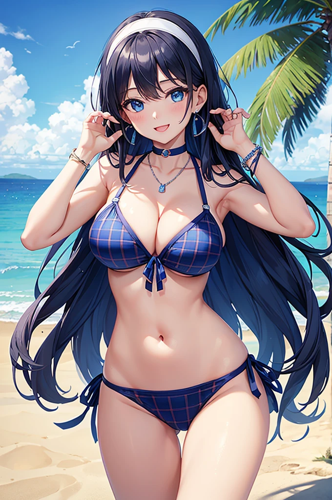 Highest quality、Highest quality、masterpiece、Beauty(Age 25)、(8K),Navy blue long hair、blue eyes、Sexy plaid bikini、Big cleavage、(Big Breasts),smile、blue necklace、Blue Earrings、background(Beach)、Please open your mouth wide、White headband、bracelet、Dynamic pose、Blue choker