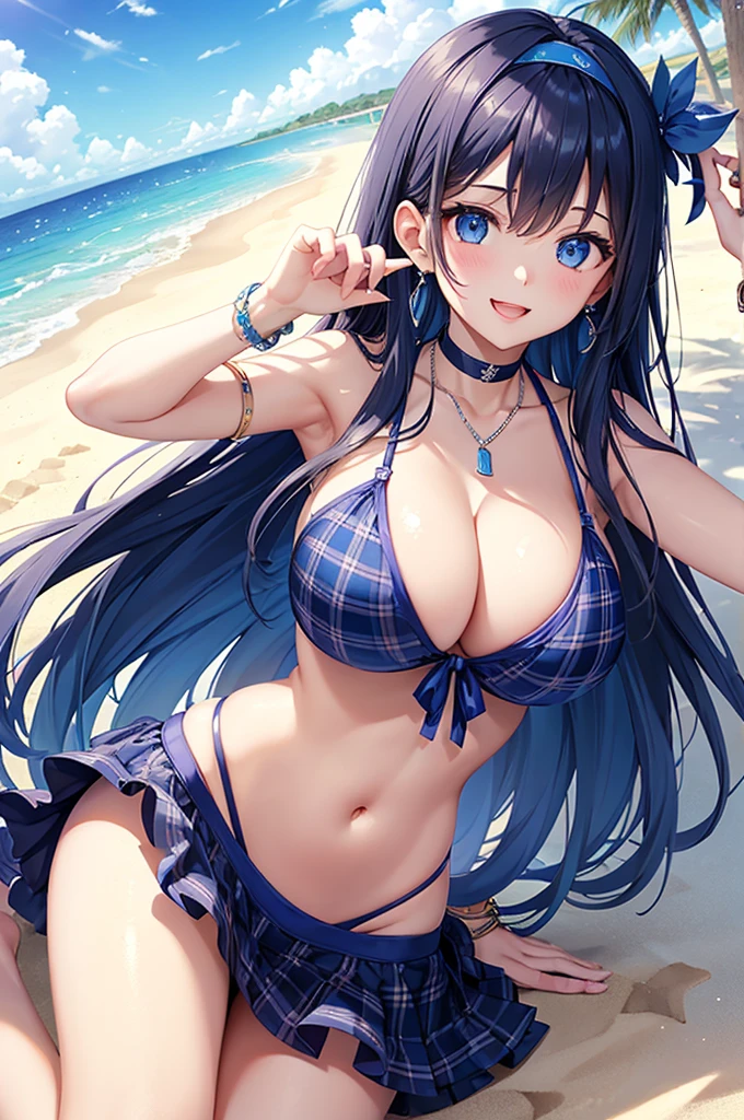 Highest quality、Highest quality、masterpiece、Beauty(Age 25)、(8K),Navy blue long hair、blue eyes、Sexy plaid bikini、Big cleavage、(Big Breasts),smile、blue necklace、Blue Earrings、background(Beach)、Please open your mouth wide、White headband、bracelet、Dynamic pose、Blue choker