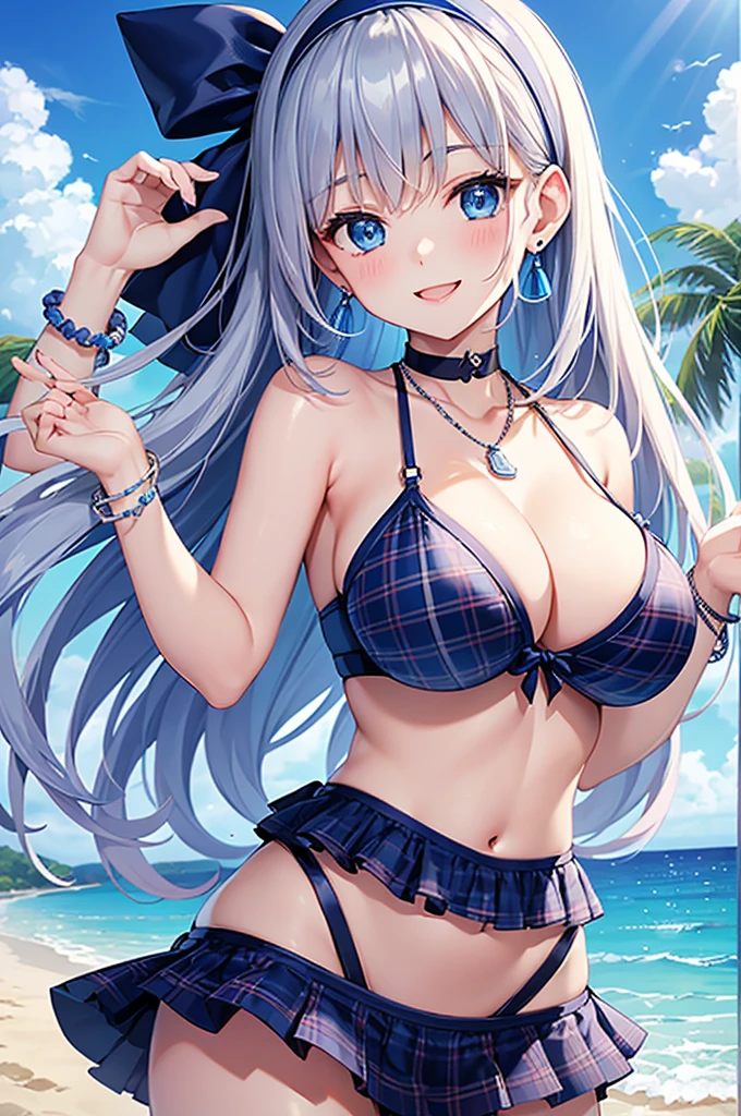 Highest quality、Highest quality、masterpiece、Beauty(Age 25)、(8K),Navy blue long hair、blue eyes、Sexy plaid bikini、Big cleavage、(Big Breasts),smile、blue necklace、Blue Earrings、background(Beach)、Please open your mouth wide、White headband、bracelet、Dynamic pose、Blue choker