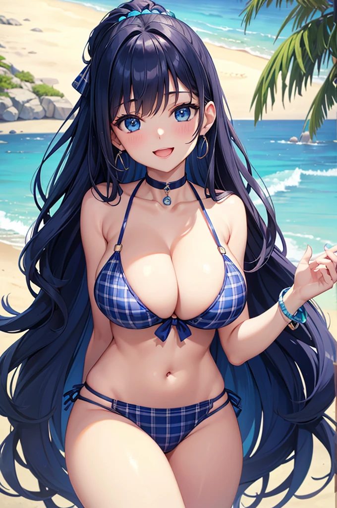 Highest quality、Highest quality、masterpiece、Beauty(Age 25)、(8K),Navy blue long hair、blue eyes、Sexy plaid bikini、Big cleavage、(Big Breasts),smile、blue necklace、Blue Earrings、background(Beach)、Please open your mouth wide、White headband、bracelet、Dynamic pose、Blue choker