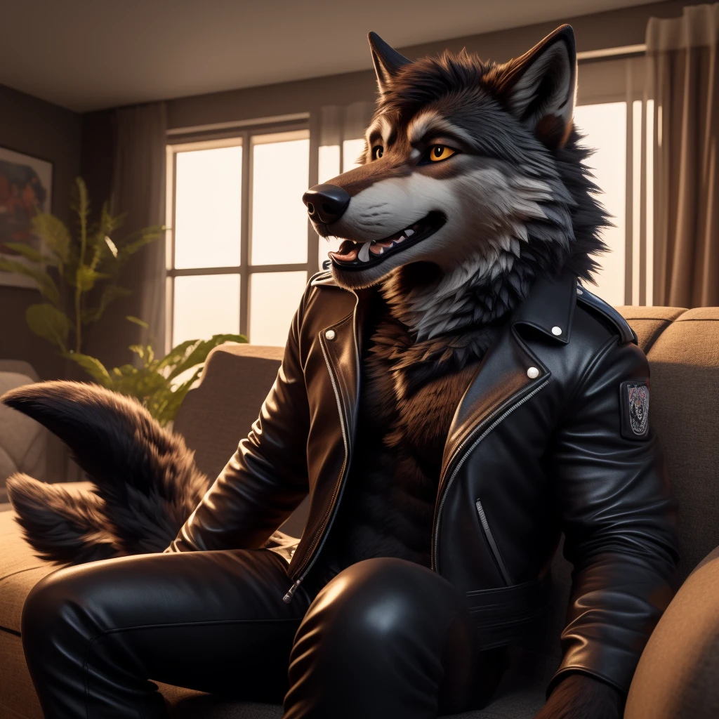 Posing, Male, 30 years old, playful wink, mouth open with tongue hanging out, black leather jacket, anthro, wolf ears, (black fur:1.5), wolf, log cabit backgroud, 8k, hi res, (best quality, masterpiece), (wolf tail:1.5), detailed fur, sitting on couch