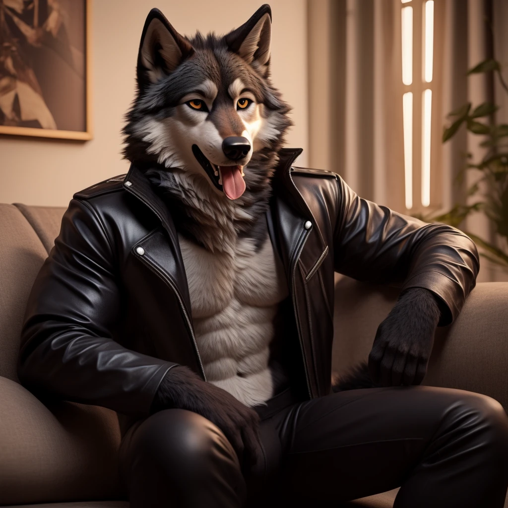 Posing, Male, 30 years old, playful wink, mouth open with tongue hanging out, black leather jacket, anthro, wolf ears, (black fur:1.5), wolf, log cabit backgroud, 8k, hi res, (best quality, masterpiece), (wolf tail:1.5), detailed fur, sitting on couch