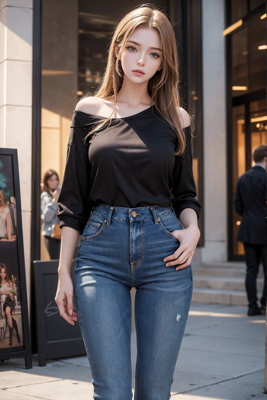 ((best quality)), ((masterpiece)), (realistic), (real person), (detailed), russian women, attractive, (evening), in a mall, sexy, wearing jeans