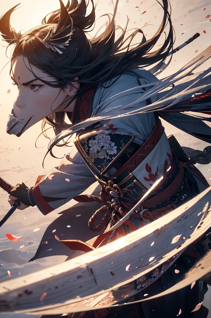 (Highest quality,4K,8K,High resolution,masterpiece:1.2),Very detailed,(Realistic,photoRealistic,photo-Realistic:1.37),sword,Wild long hair,Fine and beautiful eyes,A look of determination,Preparing for battle,Traditional Japanese Clothing,Delicate cherry blossom petals floating in the air,Dark and atmospheric lighting,Dynamic action poses,Sharp focus,High Contrast,impressive sword,Traditional samurai armor,subtle color grading,Agile and graceful movements,Epic battle scenes,An unforgettable atmosphere,In the background is an ancient Japanese castle,Blue and silver color scheme,Mysterious fog,Attention to intricate detail,Highly skilled warrior,Spiritual energy emanating from Samurai Girl,The intensity of emotion on her face,Traditional symbols of Japan,The Essence of a True Samurai,calm and confident look,Beautiful texture of kimono fabric,Romantic Sunset Background,expressive sword strikes,Powerful brushwork,Traditional ink painting style,Dramatic composition,Impressive fluidity and movement,Bright and vibrant colors.