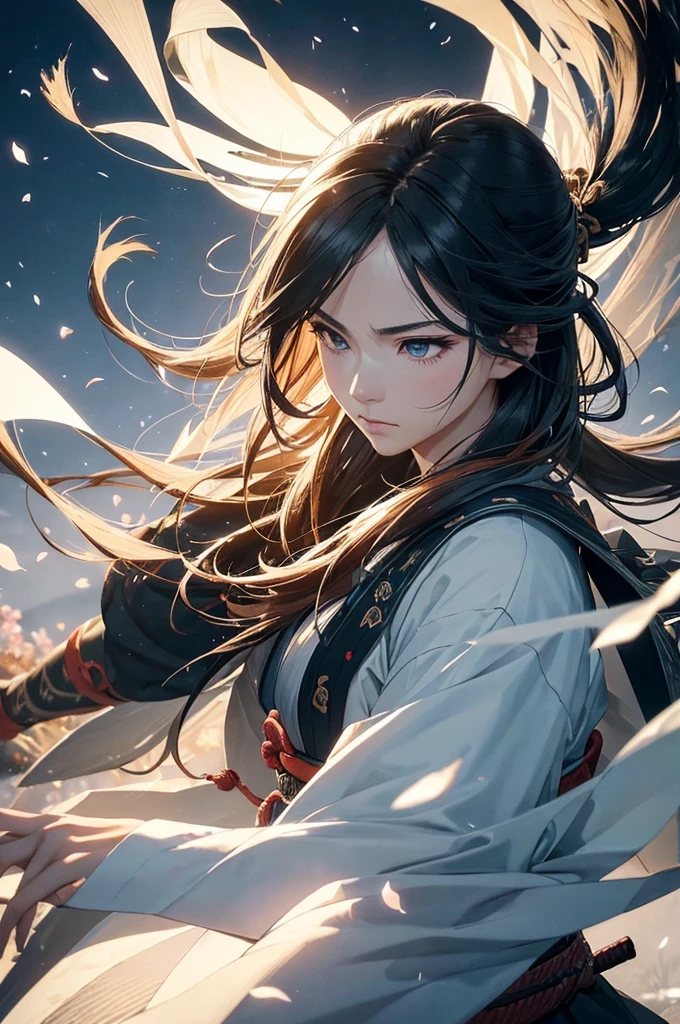 (Highest quality,4K,8K,High resolution,masterpiece:1.2),Very detailed,(Realistic,photoRealistic,photo-Realistic:1.37),sword,Wild long hair,Fine and beautiful eyes,A look of determination,Preparing for battle,Traditional Japanese Clothing,Delicate cherry blossom petals floating in the air,Dark and atmospheric lighting,Dynamic action poses,Sharp focus,High Contrast,impressive sword,Traditional samurai armor,subtle color grading,Agile and graceful movements,Epic battle scenes,An unforgettable atmosphere,In the background is an ancient Japanese castle,Blue and silver color scheme,Mysterious fog,Attention to intricate detail,Highly skilled warrior,Spiritual energy emanating from Samurai Girl,The intensity of emotion on her face,Traditional symbols of Japan,The Essence of a True Samurai,calm and confident look,Beautiful texture of kimono fabric,Romantic Sunset Background,expressive sword strikes,Powerful brushwork,Traditional ink painting style,Dramatic composition,Impressive fluidity and movement,Bright and vibrant colors.