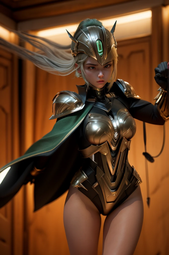 Make an image of a superhero who wears armor that resembles very futuristic medieval armor who has some small parts in dark green and uses a shield that conducts electricity and a sword that retracts and also conducts electricity
