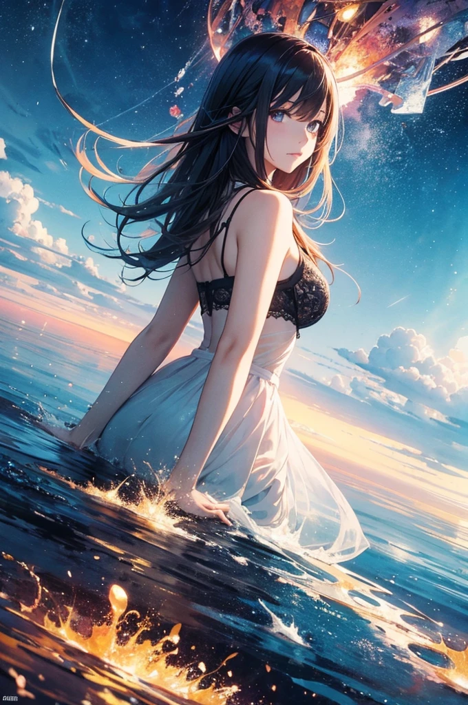 (((Ink and watercolor))),((Highest quality)), (masterpiece:1.5), (8k CG wallpaper), (A vast world of lies, False Sky, Real Girls, Abstract: 1.4),(masterpiece:1.3),(fluorescence, Complex, Surreal, Breathtakingly beautiful, can'can't believe it, quiet, Tranquility),(Highest quality),(Very detailedな, High resolution, Very detailed:1.5), One Girl, Silver Hair, blue eyes, Look to the side, Cool face, kimono, temporary, Ink Painting