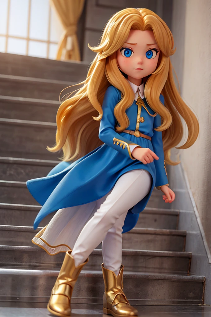 A with long golden hair and sparkling blue eyes is climbing the gray stairs