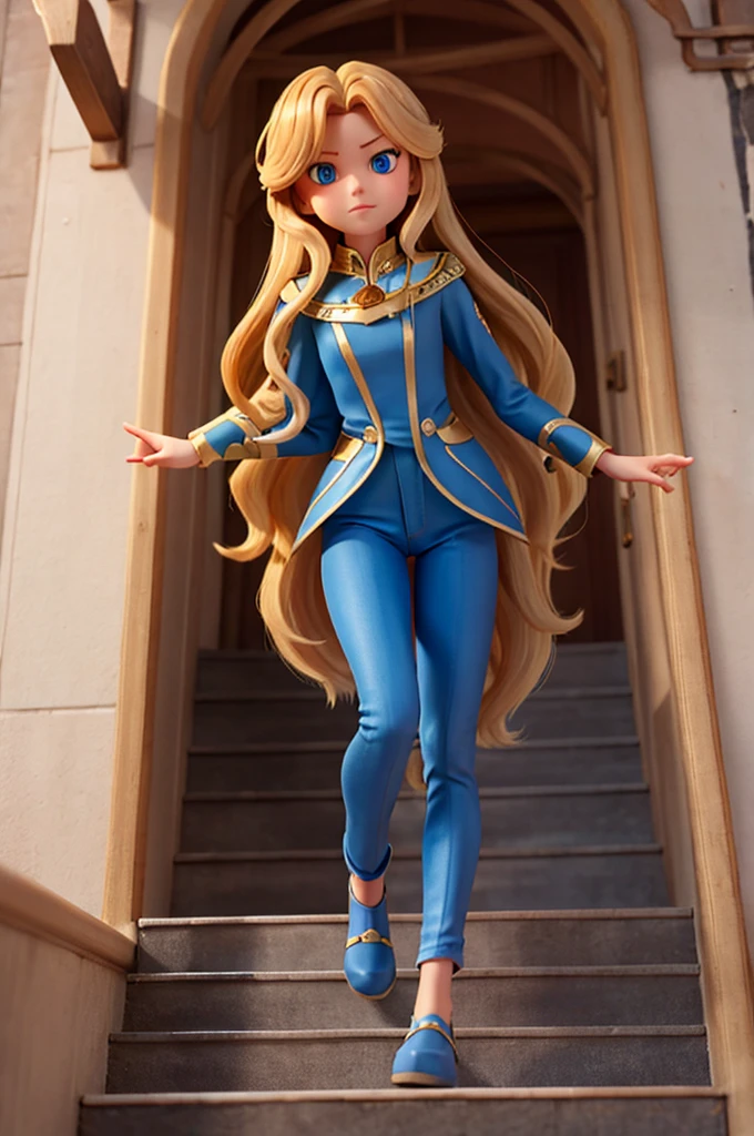 A  with long golden hair and sparkling blue eyes is climbing the gray stairs