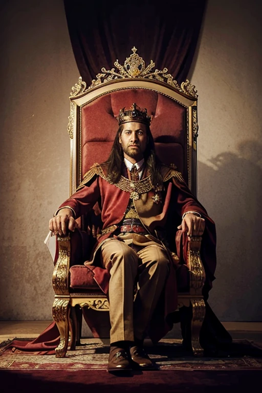 Draw an illustration of a king with a background sitting on the royal throne and surrounded by royal ministers