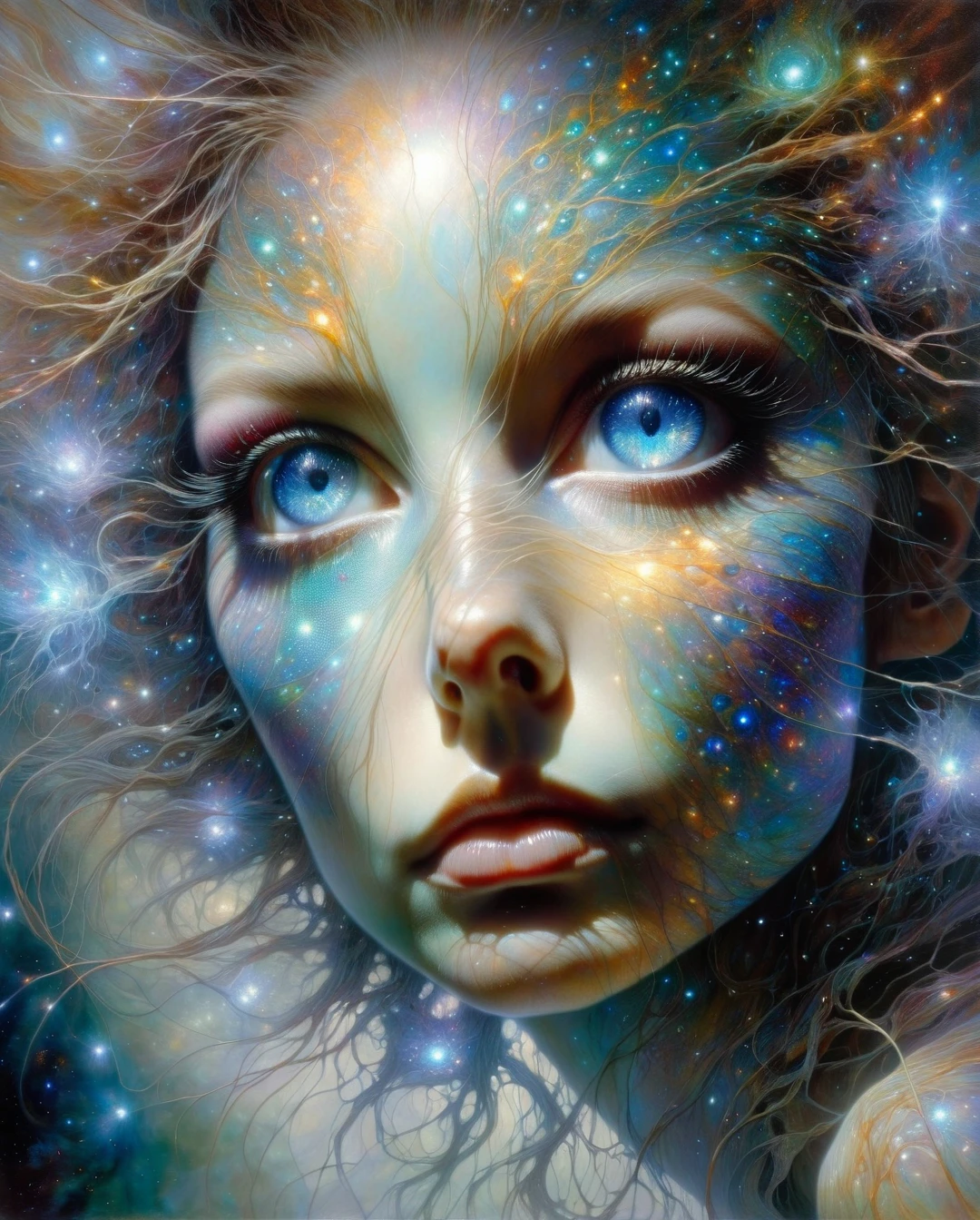 Masterpiece, photorealistic, highly detailed, The guardian of the nebula A portrait of a woman with iridescent skin, her eyes reflecting the colors of a nearby nebula, surrounded by glowing, ethereal wisps of gas and dust..,,, artwork inspired by Brian Froud and Carne Griffiths and Wadim Kashin, intricate details, oil