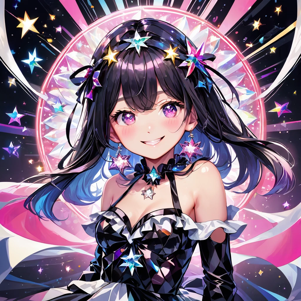 absurdres, superfine illustration,rainboweffect, highres, ultra detailed,light diffusion,highly detailed light reflection, kaleidoscope, harmonious, best shadow, highly detailed very beautiful big smile face, ;D, beautiful growing crystal diamond star pupil,look at viewer, beautiful detailed hair, solo, dynamic pose, beautiful detailed pink and black ribon, beautiful detailed High , Fantastic and the whole shines and shooting star and the wind is strong in detail background