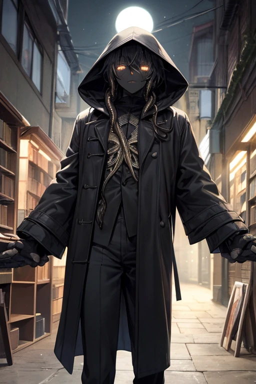 ((best quality)), ((masterpiece)), (detailed), 1 23 year old boy with completely black skin with eyes glowing white and disheveled hair wearing a long black trench coat with a hood and white zigzag stripes from which black tentacles emerge and books floating in an alley at night in anime style