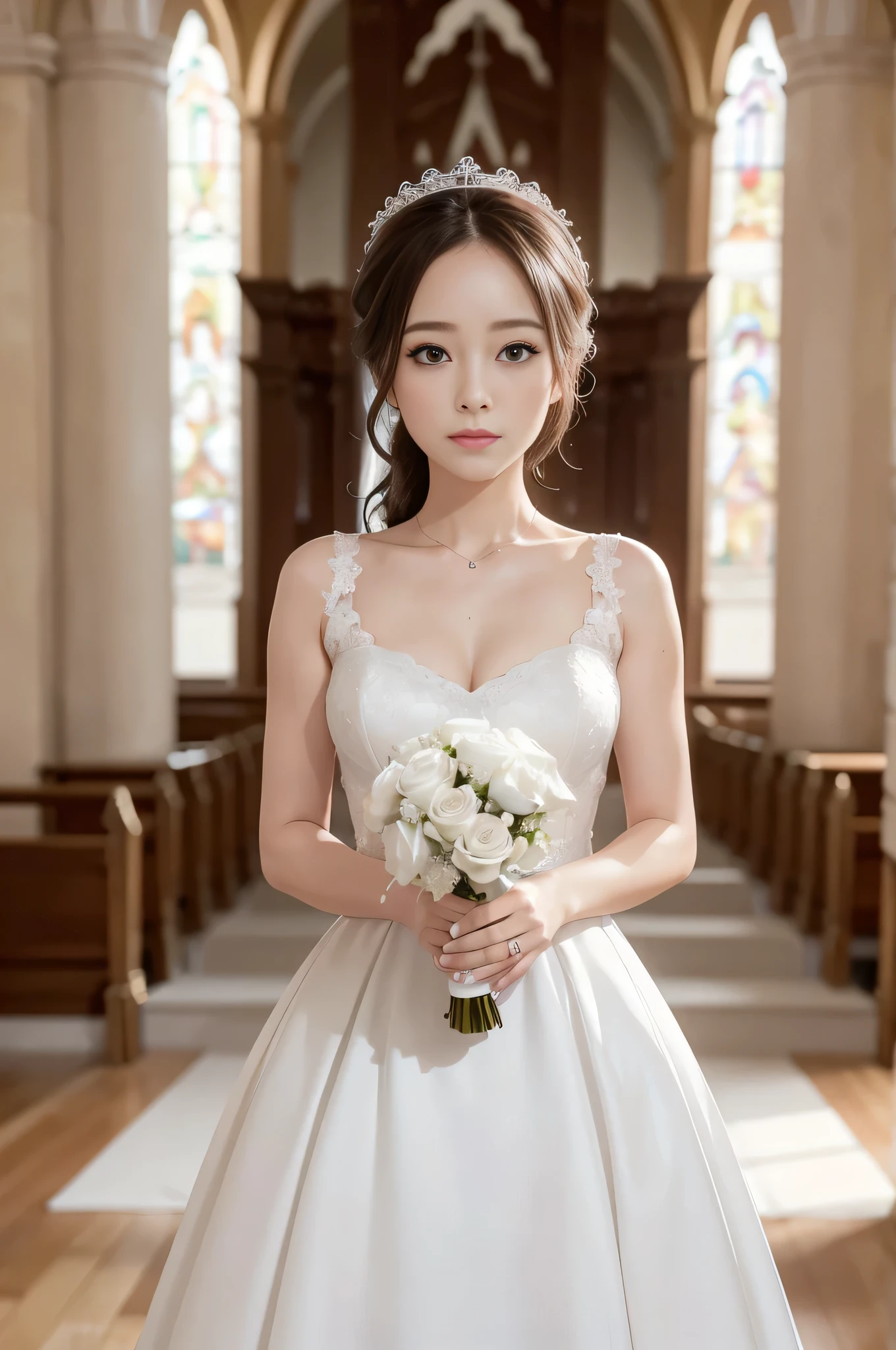 ((alone)), alone, bride, Wearing a white wedding dress, Queen, Happy, ((Show your forehead)), Are standing, Entering the Church, delicate, young, Detailed face, High resolution, ((whole body)), (Flowers around her), whole body, she is a beautiful woman getting married, High quality face, beautiful, Shine,Many attendees