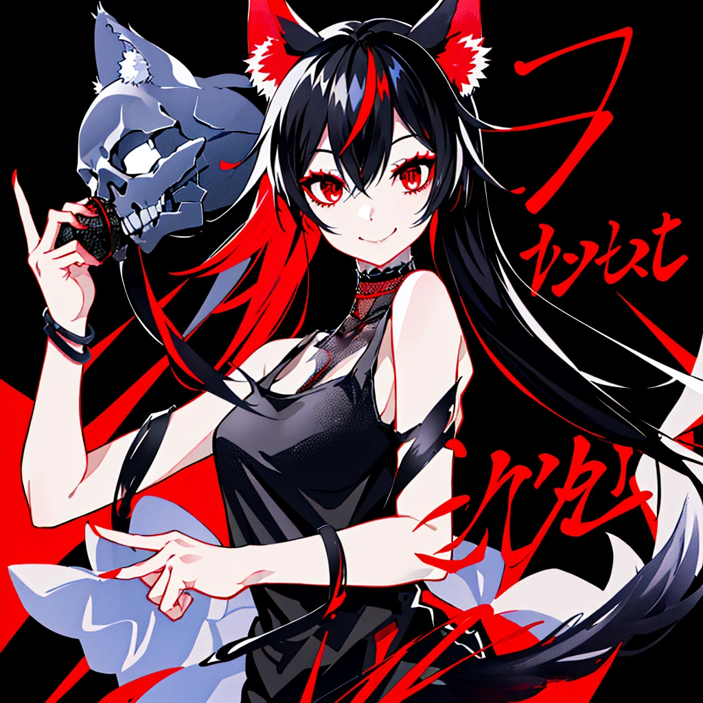 1girl、Illustrations where the face is clearly visible、Composition from the shoulders up、high resolution、High Quality、smile、Hairstyle with a long neckline、Black hair with red mesh、Wolf Ears、Black tank top、Hand holding a skeleton microphone、Fewer fingers、Less arms、歌っている