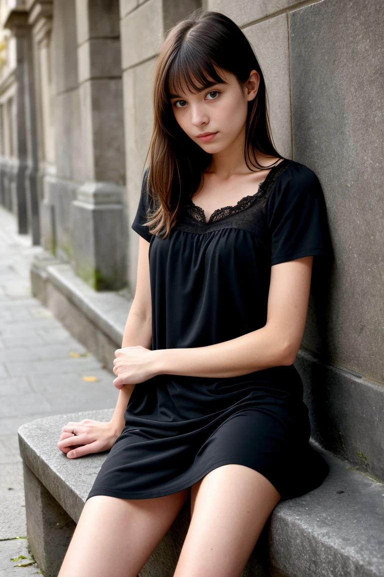 (best quality,realistic,ultra-detailed),a sexy and slim 18-year-old French brunette woman in black short sleeve nightdress, visible leg,sur un banc,