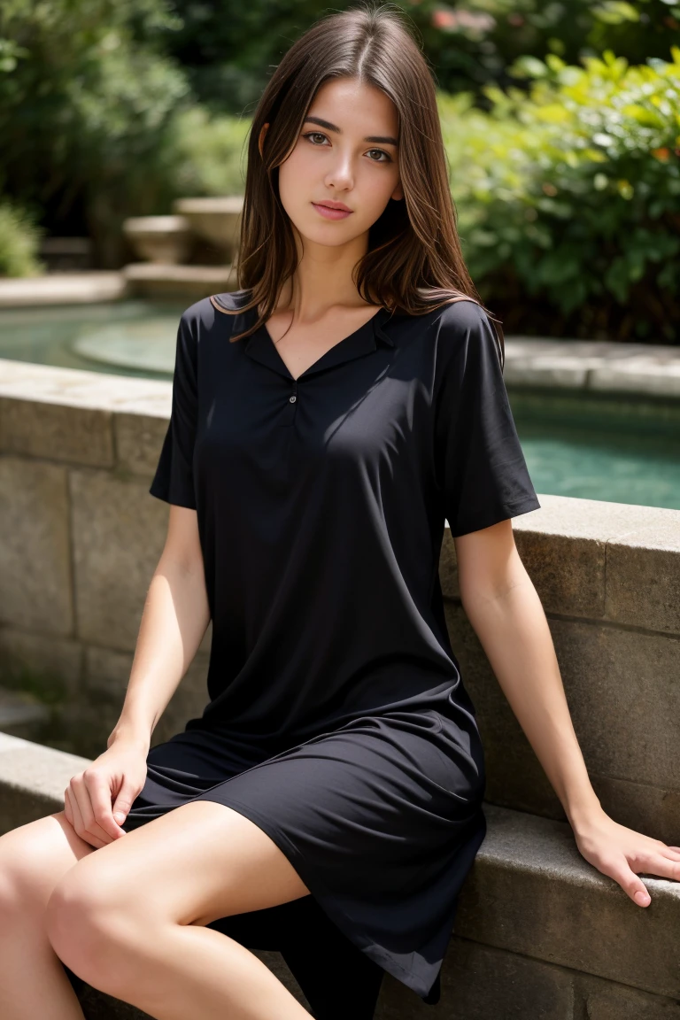 (best quality,realistic,ultra-detailed),a sexy and slim 18-year-old French brunette woman in black short sleeve nightdress, visible leg,sur un banc,