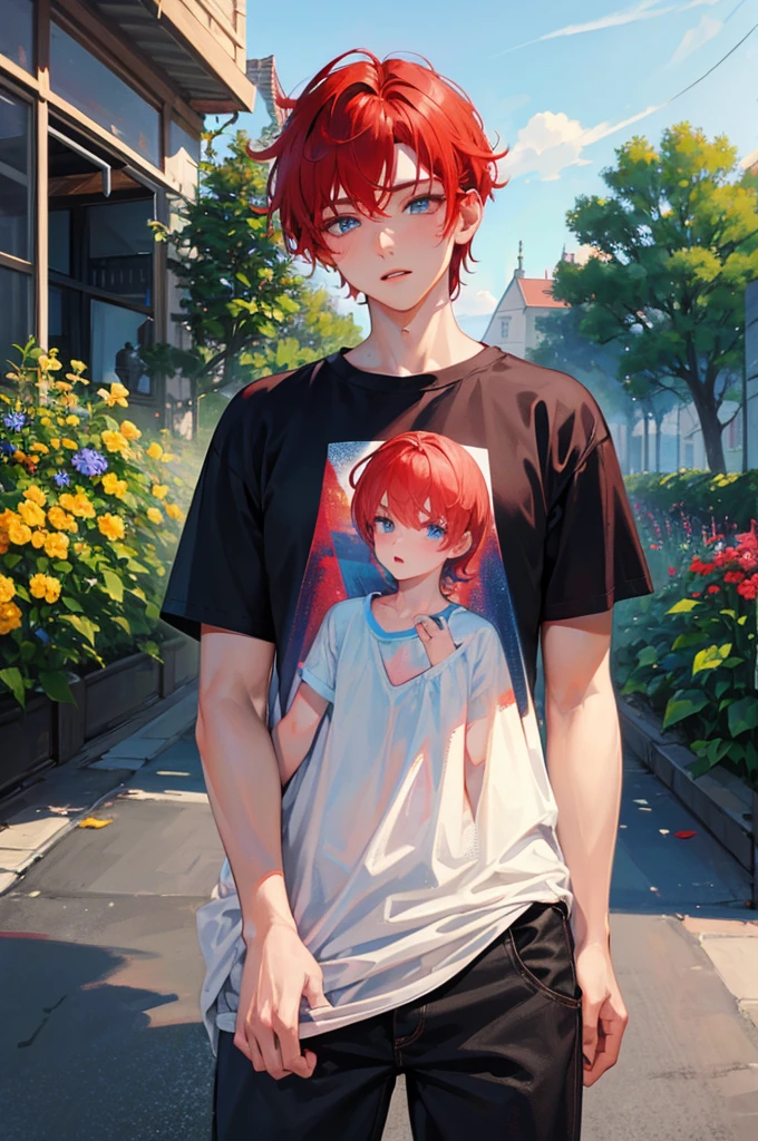 8K, Highest quality, masterpiece, Ultra-detailed、shaved sides、 Red Hair、full lips、Blue Eyes、18Year old boy、Portrait、、garden、T-Shirts、pants、Random facial expressions
