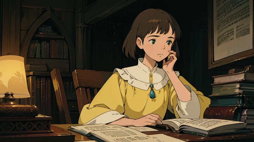 A girl, ensconced in a cozy corner on a rainy evening, sits surrounded by a jumble of books with an intensely profound study attitude. The soft yellow glow of the desk lamp illuminates her thoughtful expression, revealing her deep concentration and composed posture. Her inquisitive eyes dart back and forth between the pages, her nimble fingers turning them with subtle tilt, as she absorbs the old world wisdom contained within. The timeworn margins and sultry aura of the books add to the quiet night ambiance, creating a peaceful and tranquil countenance. This scholarly young woman, clad in plain attire, appears to be a seeker of knowledge and intellect,Width cat