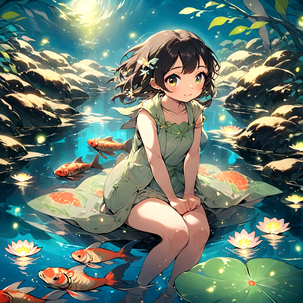 Illustration of a girl sitting in a pond surrounded by koi carp, fireflies and a heron