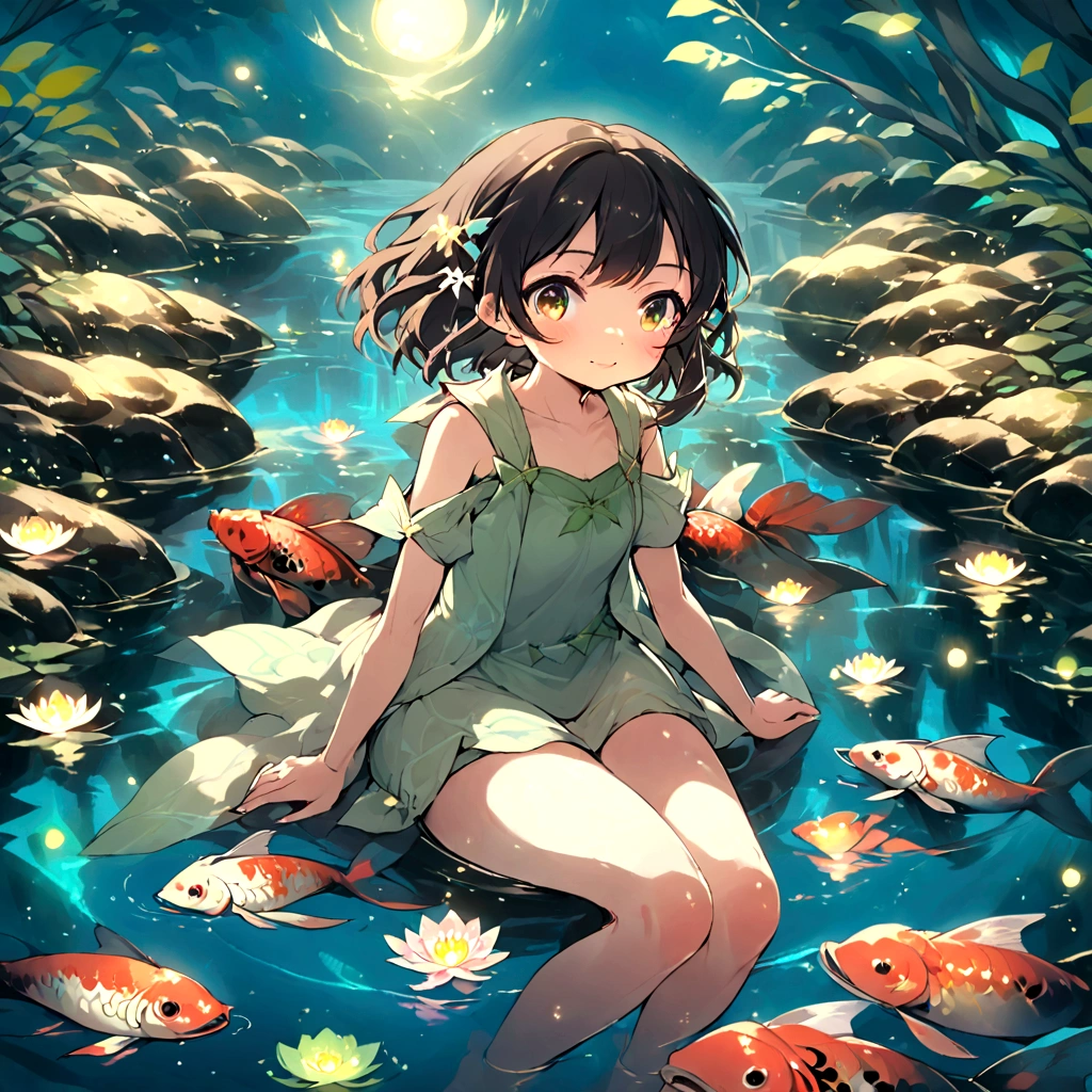 Illustration of a girl sitting in a pond surrounded by koi carp, fireflies and a heron