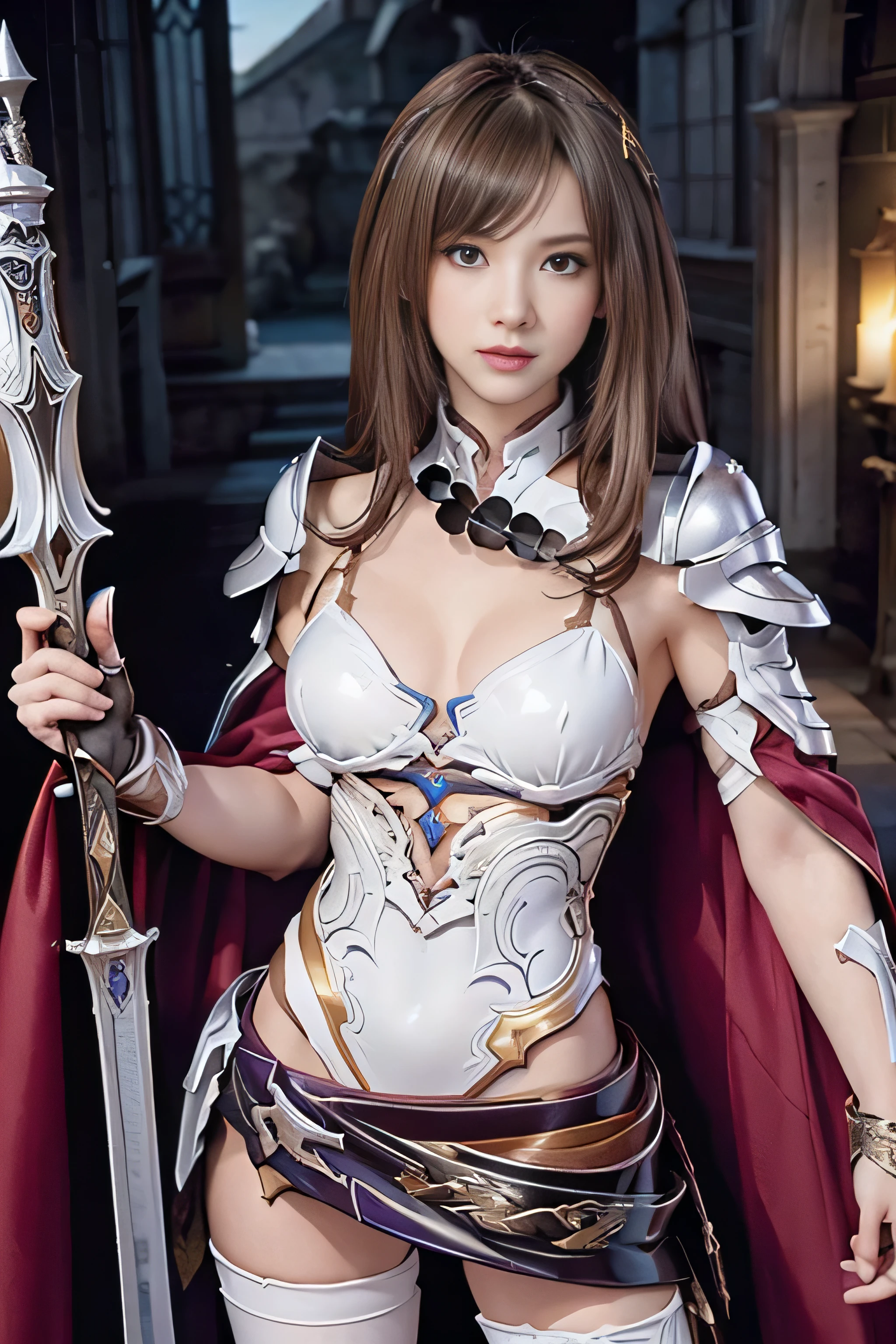 high resolution、Great quality、High resolution、4K、Fantasy girl with light brown hair、The chest is a huge chest、 There are lots of folded decorations、Pantyhose that are slightly see-through、Medieval RPG-style clothing made with plenty of fabric、Close-up portrait of a person holding a large sword,  high quality character design, Great character design, Female Knight, Interesting character design, RPG Characters,, Female protagonist 👀 :8, Armor Girl, Full body character design，Full body shot in gravure pose、Exposing the breasts、Erotic、