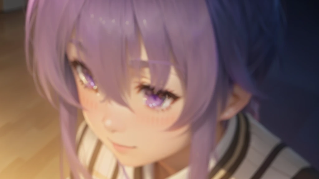 a close up of a person with purple hair and a striped shirt, nobutaka ike, shirabii, ayaka genshin impact, hana yata, moe, grimgar, 2 d cg, hajime yatate, tsuaii, megumu okada, smug expression, fus rei, shikamimi, wataru kajika