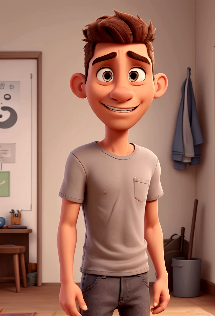 a man, middle aged, brown, shaved hair, flat nose and thin mouth, thin, wearing a gray t-shirt and jeans in a Disney cartoon style