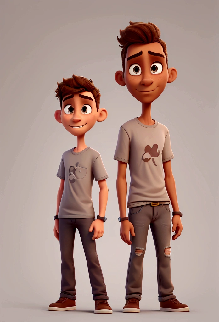 a man, middle aged, brown, shaved hair, flat nose and thin mouth, thin, wearing a gray t-shirt and jeans in a Disney cartoon style