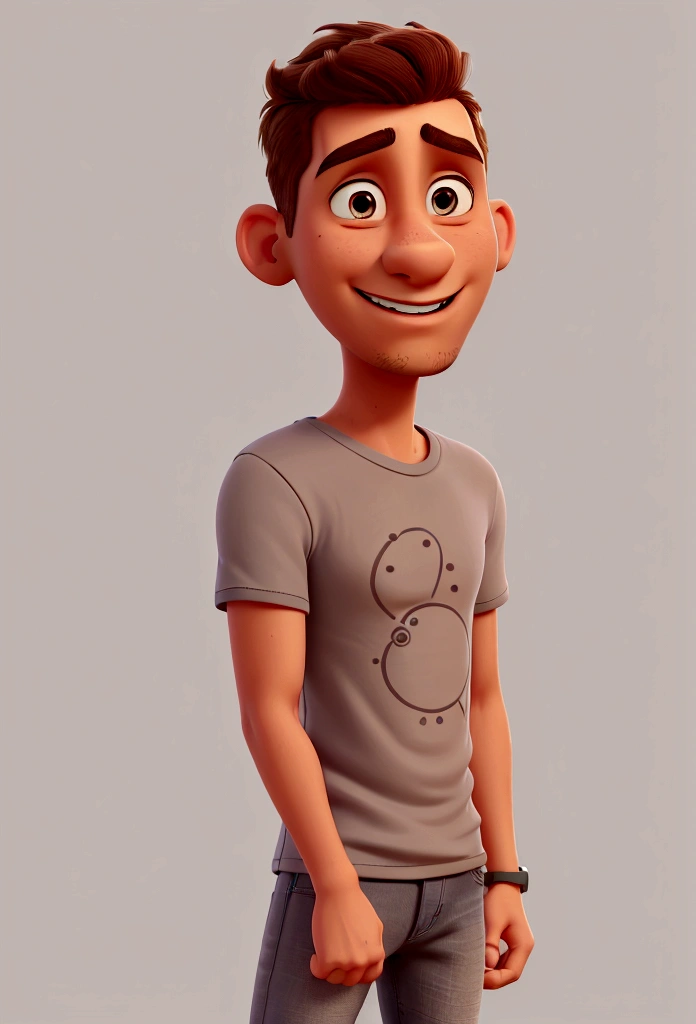 a man, middle aged, brown, shaved hair, flat nose and thin mouth, thin, wearing a gray t-shirt and jeans in a Disney cartoon style