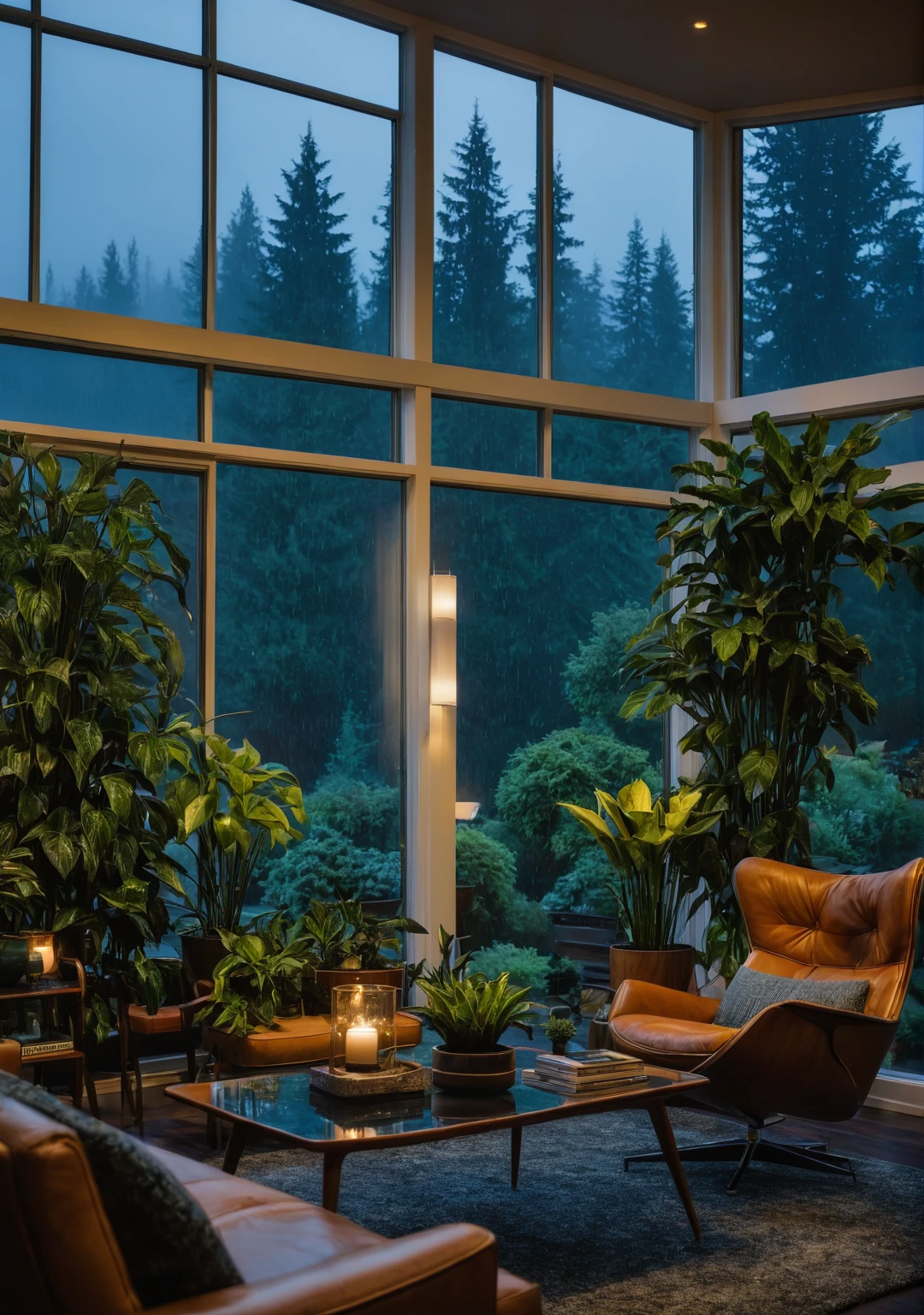 ((mid century modern living room)), dimly lit, (foggy rainy evening:1.2), pacific northwest, (dim lighting:1.2), (moody lighting:1.3), plants, large plants, many plants, (foggy windows:1.2), masterpiece, best quality, twilight hour, blue hour