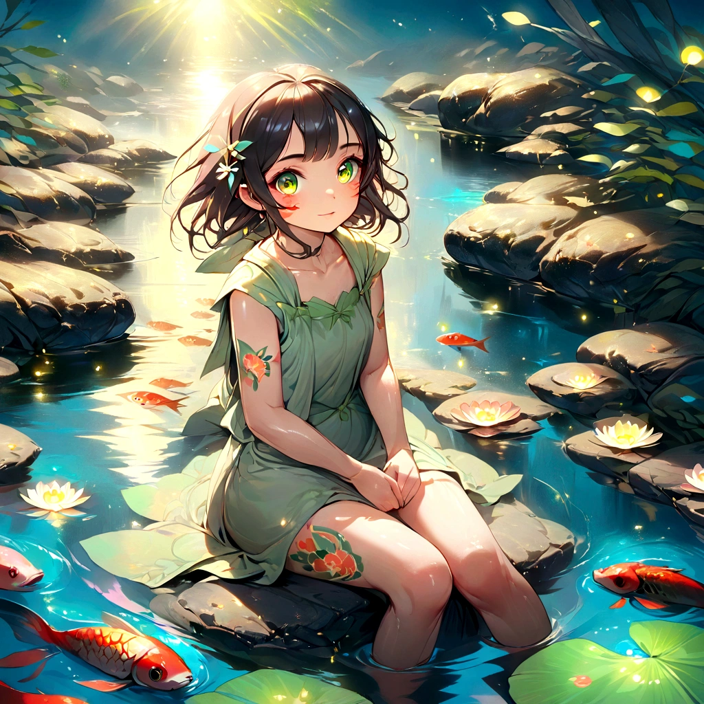 a beautiful girl sitting in a pond, surrounded by koi carp, fireflies, and a heron, detailed portrait, extremely detailed eyes and face, long eyelashes, detailed intricate tattoos on skin, cinematic lighting, vibrant colors, digital painting, photorealistic, 8k, high quality, masterpiece