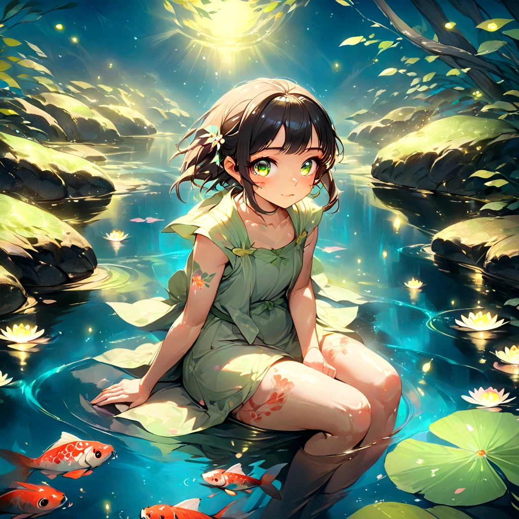 a beautiful girl sitting in a pond, surrounded by koi carp, fireflies, and a heron, detailed portrait, extremely detailed eyes and face, long eyelashes, detailed intricate tattoos on skin, cinematic lighting, vibrant colors, digital painting, photorealistic, 8k, high quality, masterpiece