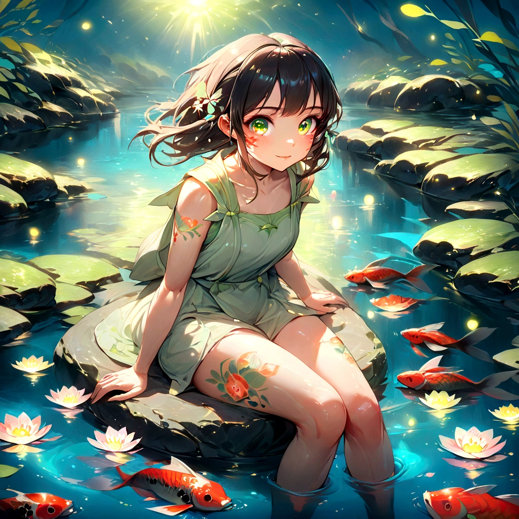 a beautiful girl sitting in a pond, surrounded by koi carp, fireflies, and a heron, detailed portrait, extremely detailed eyes and face, long eyelashes, detailed intricate tattoos on skin, cinematic lighting, vibrant colors, digital painting, photorealistic, 8k, high quality, masterpiece