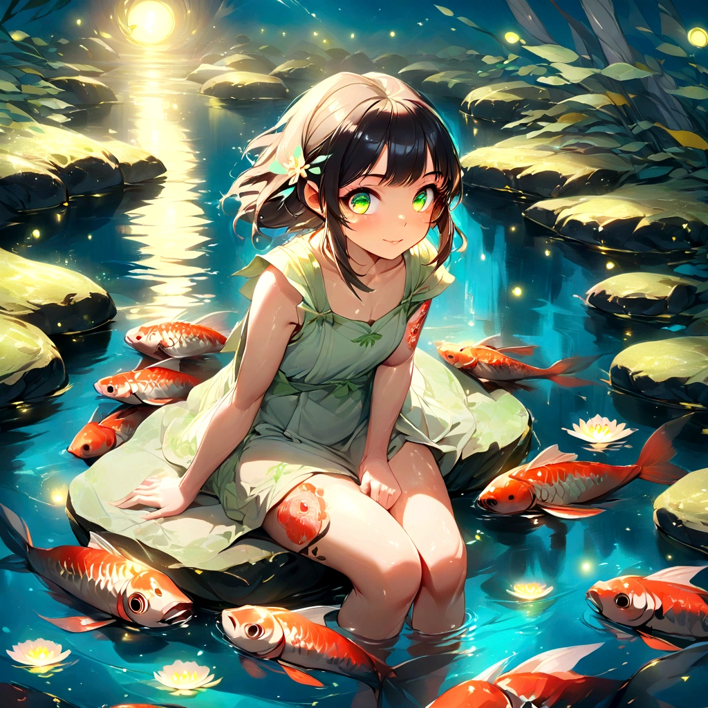 a beautiful girl sitting in a pond, surrounded by koi carp, fireflies, and a heron, detailed portrait, extremely detailed eyes and face, long eyelashes, detailed intricate tattoos on skin, cinematic lighting, vibrant colors, digital painting, photorealistic, 8k, high quality, masterpiece