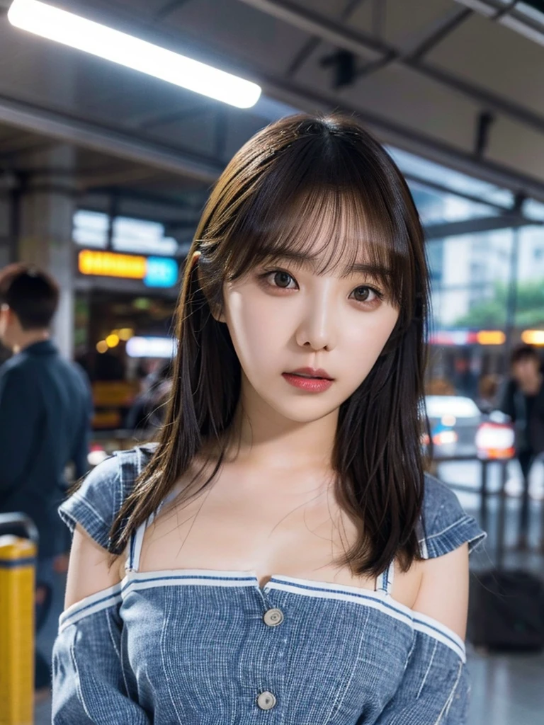 realistic photos of (1 cute Korean star) flipped hair, thin makeup, large breasts size, sexy erotic tiny string of G-string lingerie, at the train station, clear facial features of Canon EOS, 16k, high resolution, sharp and realistic details,  overexposure, cut-in, UHD, high res, best quality, full body, hands down, front lighting,