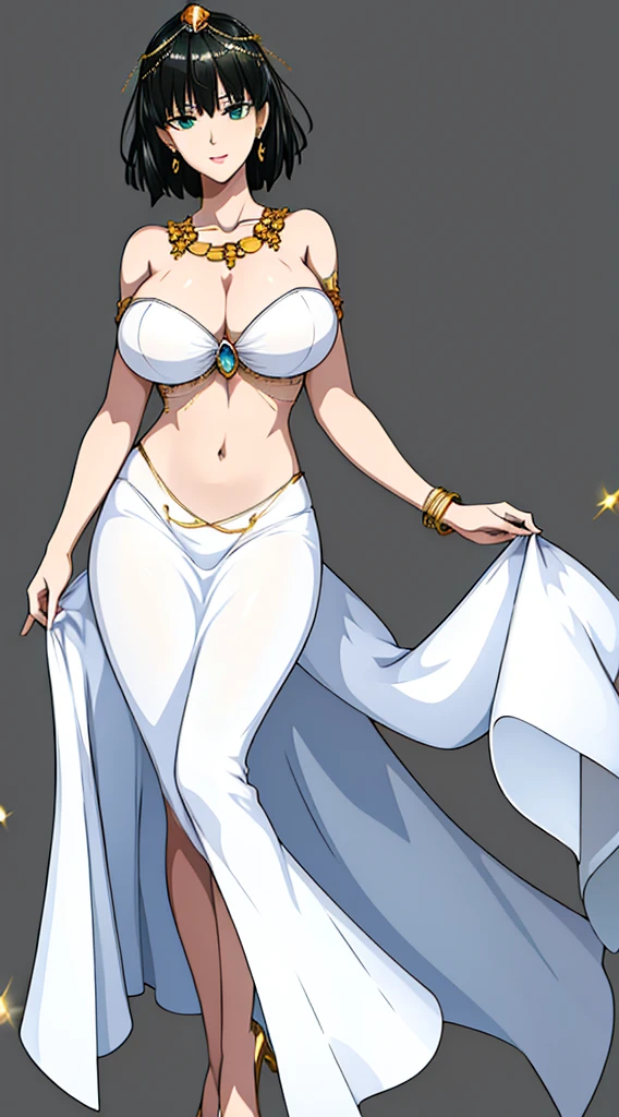 Simple white background,glitter,
barefoot,white dress,cleavage,collarbone, Navel,bare shoulders, Gold leaf on head,
bracelet, earrings, jewelry, gem,Pearl, Green eyes gold necklace, Black hair,explosions,short hair hair,
1girll, 20yo,young woman,Beautiful Finger,Beautiful long legs,Beautiful body,
Beautiful Nose,Beautiful character design, perfect eyes, perfect face,expressive eyes,perfect balance,
looking at the scenes,(Focus on her face.),closed mouth, (innocent_Large_eyes:1.0),(light_smile:0.3),
formal art,Highly detailed CG module 8K rear, perfect illumination,Colored, bright_front_face_lighting,white-skinned,
(Masterpiece:1.0),(Best_quality:1.0), very high resolution,4K,A highly detailed,
photography, 8K, hdr, highres, absurdres:1.2, Kodak portra 400, grain du film, blurry background, bokeh:1.2, lens flare, (vibrant_Farbe:1.2),professional photo,
(A beautiful,Large_breasts:1.4), (A beautiful_face:1.5),(narrow_waist), huge breasts smile closed mouth lipstick green lips earrings high heels full body viewer standing