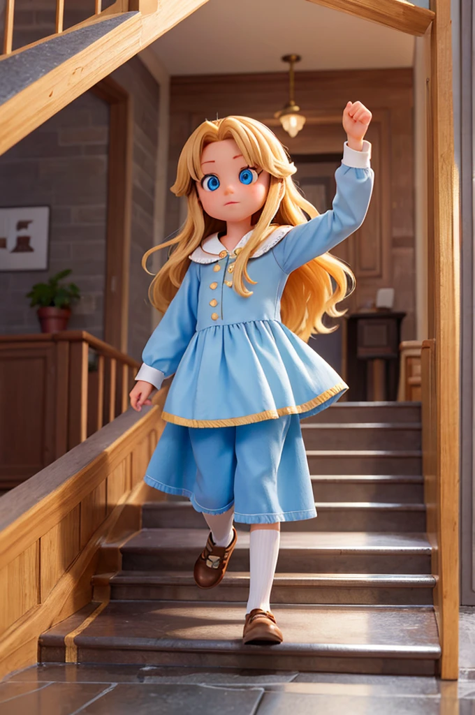 A with long golden hair and sparkling blue eyes is climbing the gray stairs
 kid girl
