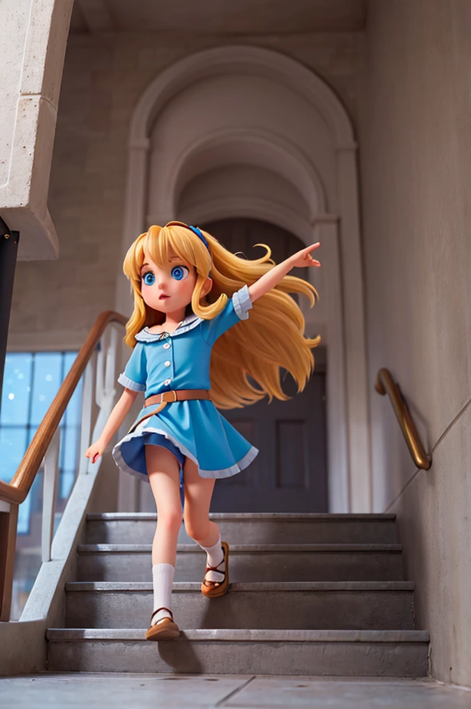 A with long golden hair and sparkling blue eyes is climbing the gray stairs
kid girl