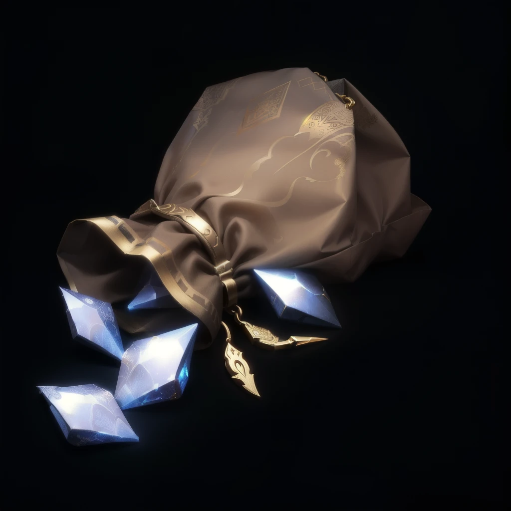 Fabric bags，silk，Rich details， Treasure ，Metal pattern，Game assets, Treasure artifact, 3d icons for mobile games，Diablo concept style，