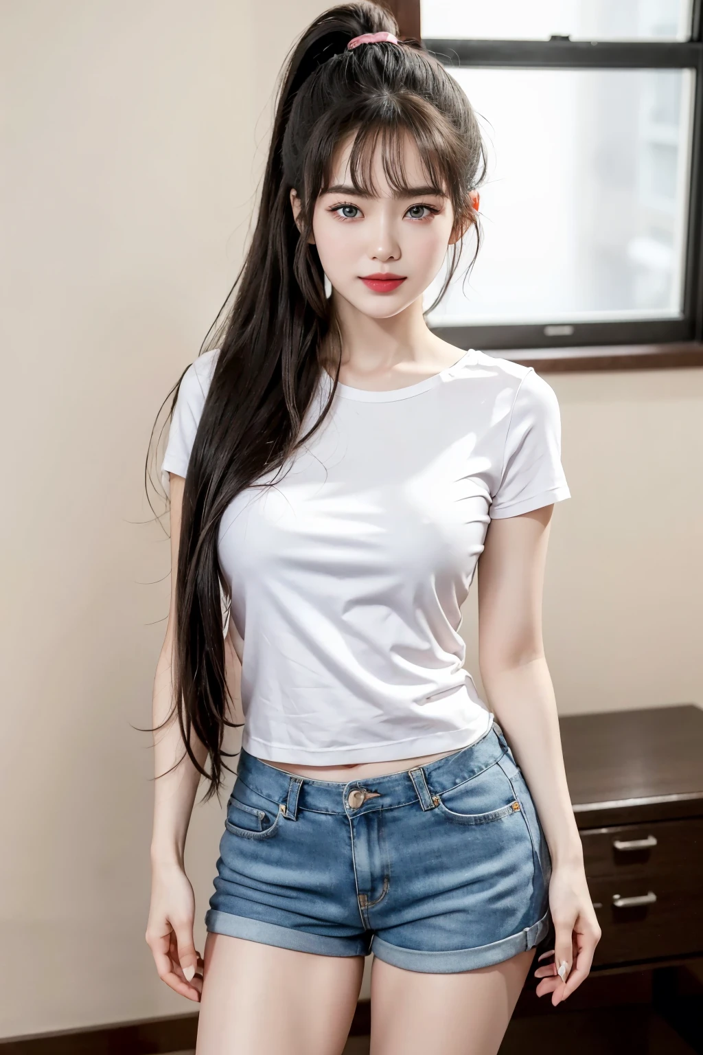 (Best quality, masterpiece, detailed), (RAW, 4k, hd images), shy, 1 girl, young girl, 17 years old, white skin, long hair, ponytail, layers hair, bangs, black hair, beautiful girl, cute girl, sweet girl, pretty girl,perfect girl, pretty eyes, blue eyes(bright), thin lips, thin,(eye line:2, lip stick pink soft), perfect , glasses(detailed), sweet smile, indoors, White Tshirt, hot pants, full body, thigh, standing pose