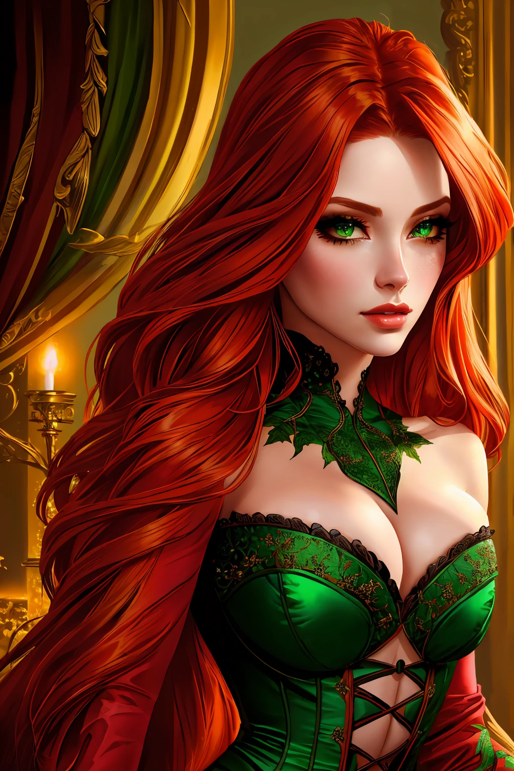 a woman with long crimson hair, intricate Green corset, beautiful detailed eyes, beautiful detailed lips, extremely detailed face, longeyelashes, elegant pose, graceful movement, breathtaking, detailed and realistic, oil painting, dramatic lighting, warm color palette, cinematic composition, masterpiece, 8k, high quality, poison ivy