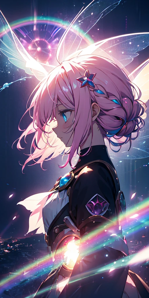 Pink hair and rainbow eyes, Cute as a fairy, A melancholic expression that stirs affection, profile, Floating Hair, Particles of light, Sparkling, Vivid, Fantasy, dream-like, Dark atomic space,