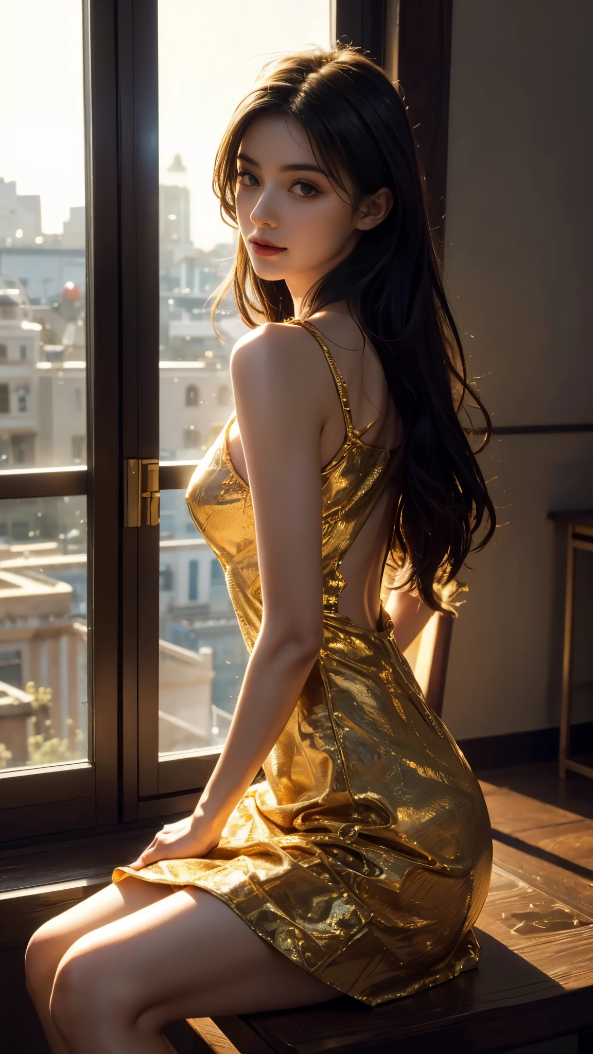 8K, UHD, MAsterpiece, best quality, 1 girl, (realistic face), happy pace, very long hair, small breasts, decorated dress, very beautiful ornaments dress, golden color, lace, mesh dress, sardine, loops, in the balcony, ipllers, depth of field, cinematic lighting, chromatic aberration, motion blur, glowing light, god rays, ray tracing, reflection light, backlighting, knee short, sitting,