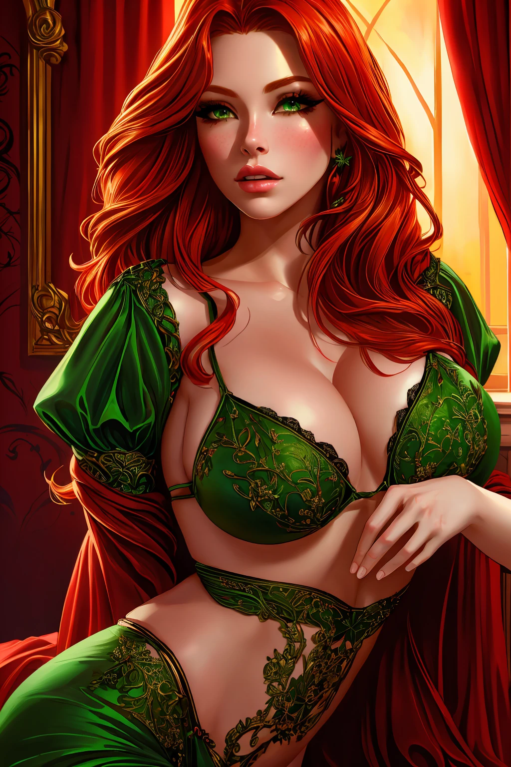 a woman with long crimson hair, intricate Green lingerie, beautiful detailed eyes, beautiful detailed lips, extremely detailed face, longeyelashes, elegant pose, graceful movement, breathtaking, detailed and realistic, oil painting, dramatic lighting, warm color palette, cinematic composition, masterpiece, 8k, high quality, poison ivy